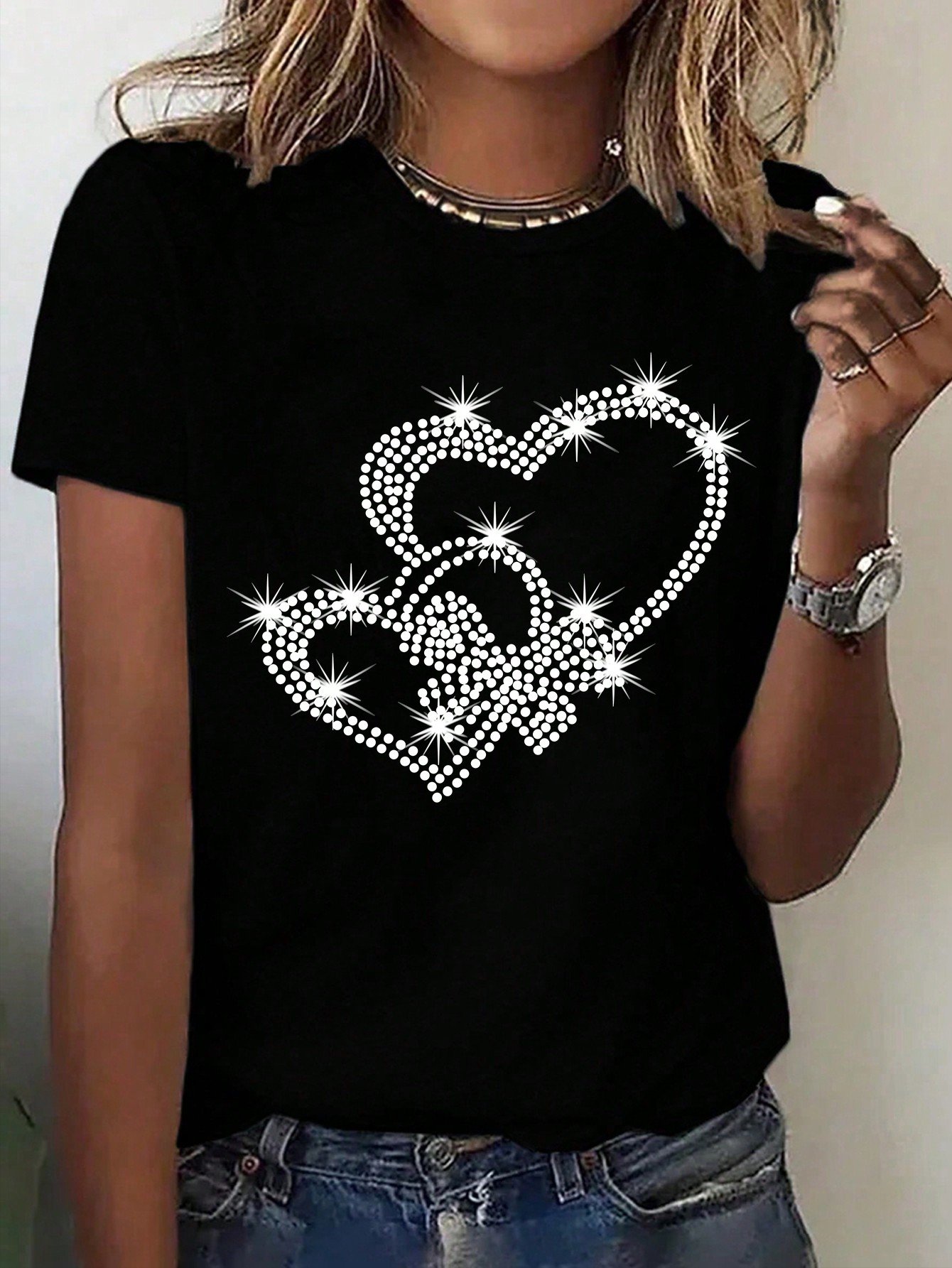 Heart Round Neck Short Sleeve T-Shirt