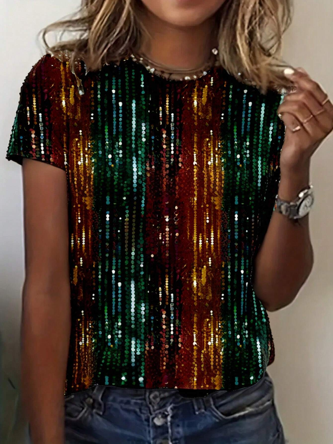 Women's Round Neck Sequin Printed Shirt,