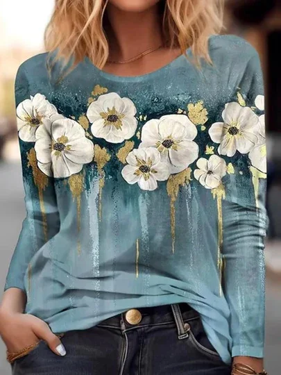 Crew Neck Jersey Floral Casual T-Shirt