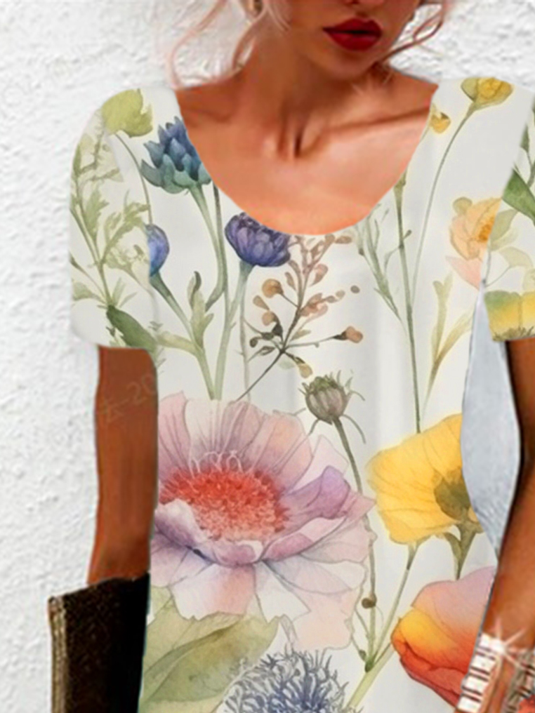 Floral Print Short Sleeve Round Neck Dress