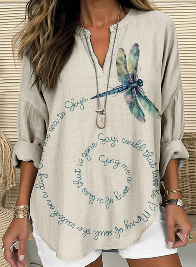 TV dragonfly V-neck casual long sleeved shirt