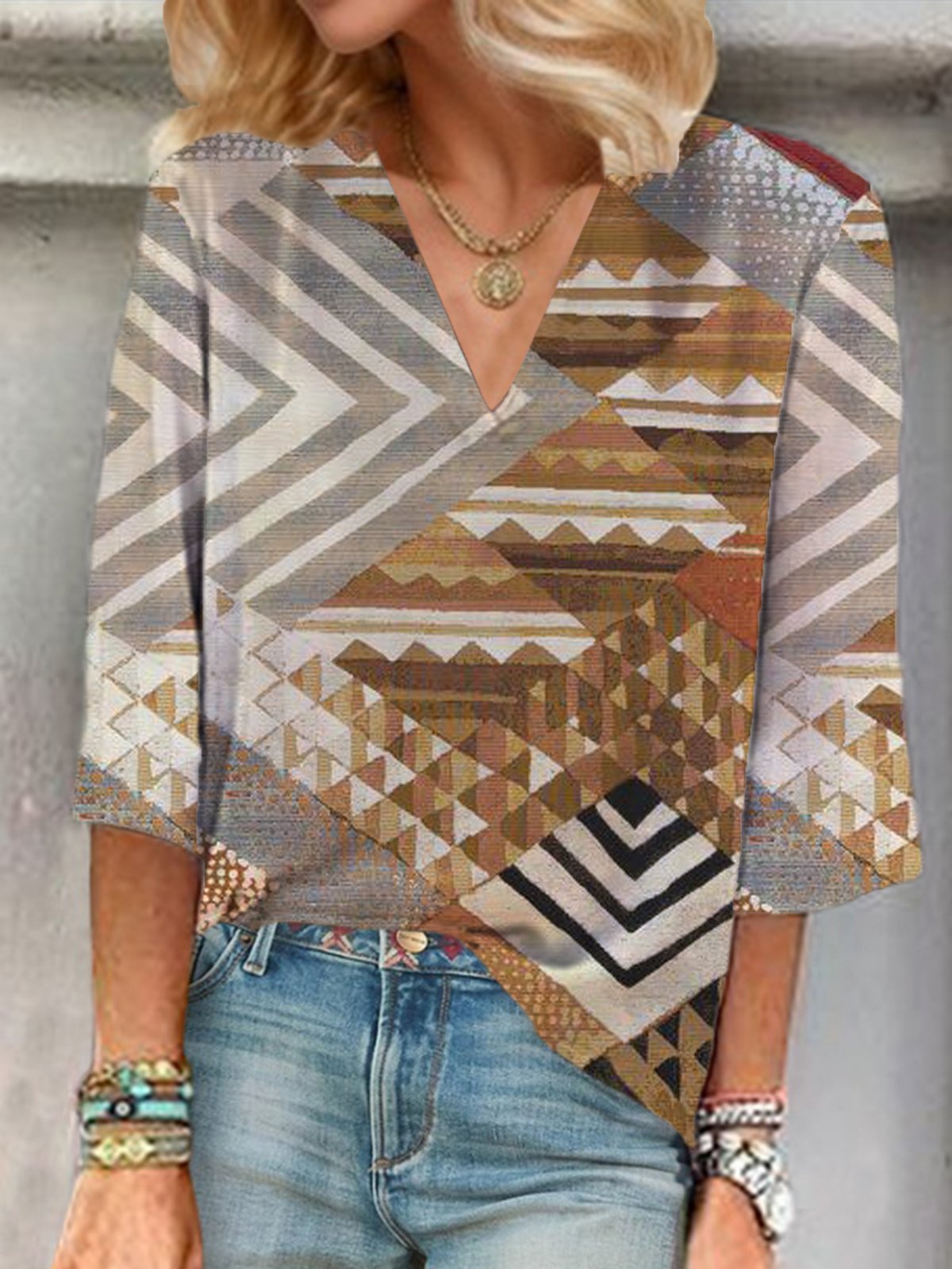 Geometric Print V-neck Blouse