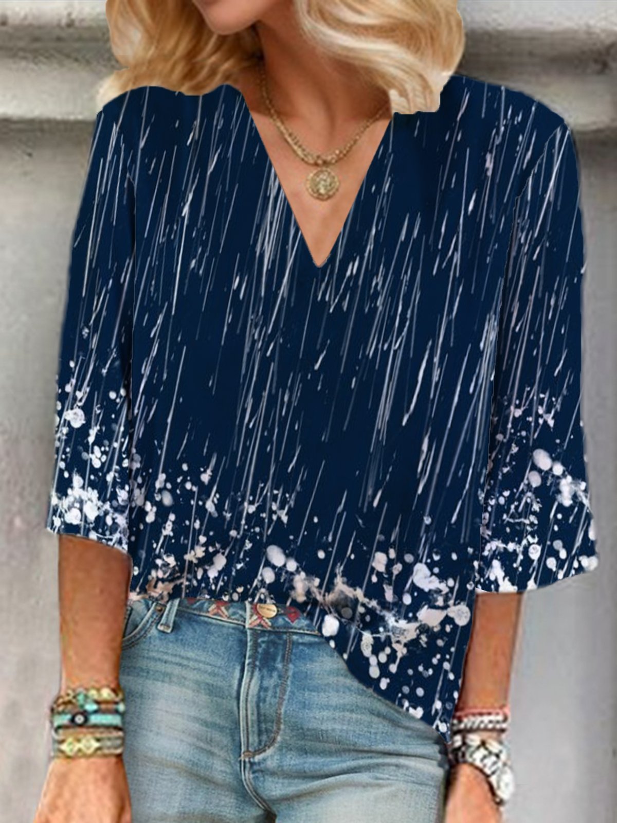 Abstract Print V-Neck Blouse