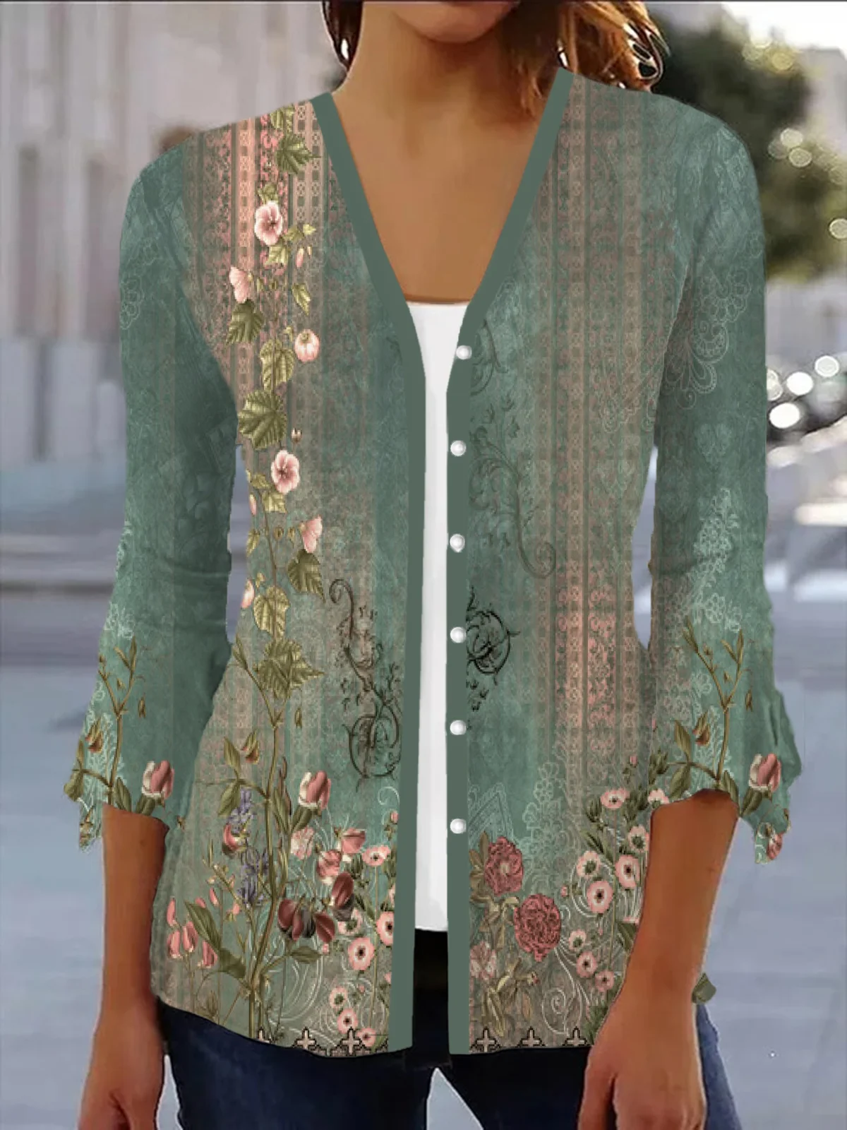 Ethnic Print Casual Long Sleeve Shawl Jacket