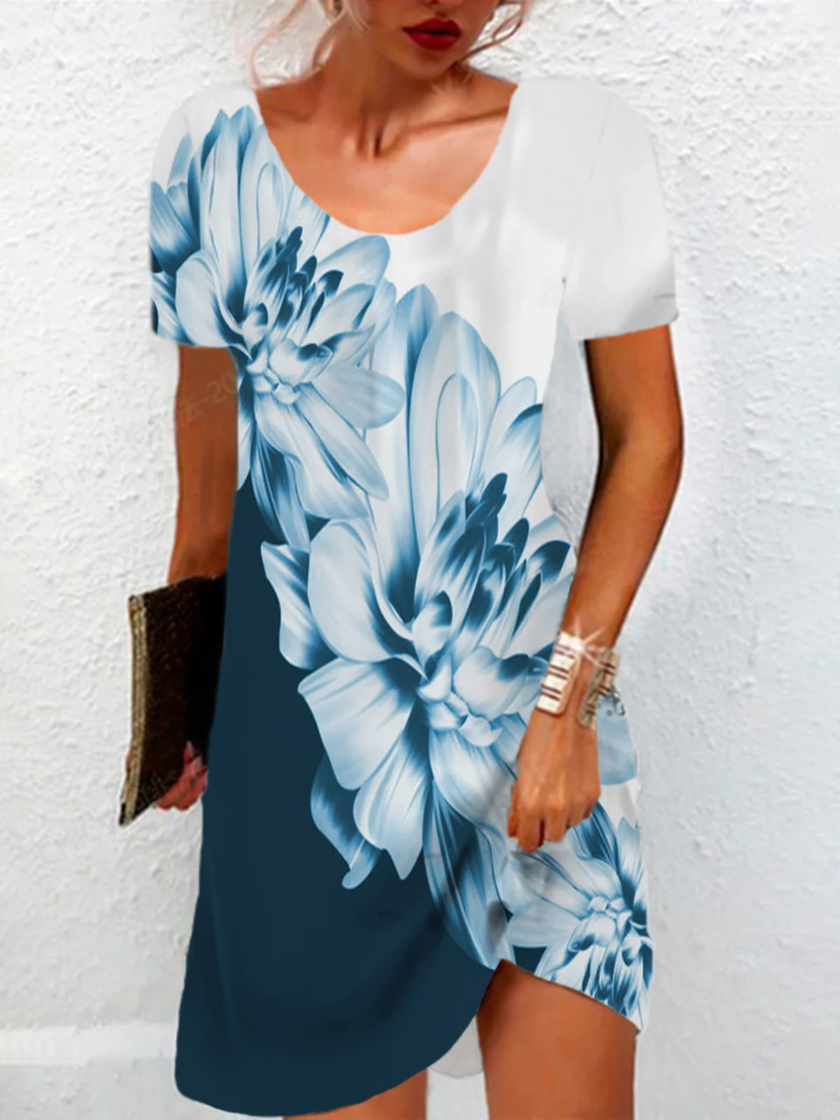 Floral Print Short Sleeve Round Neck Dress