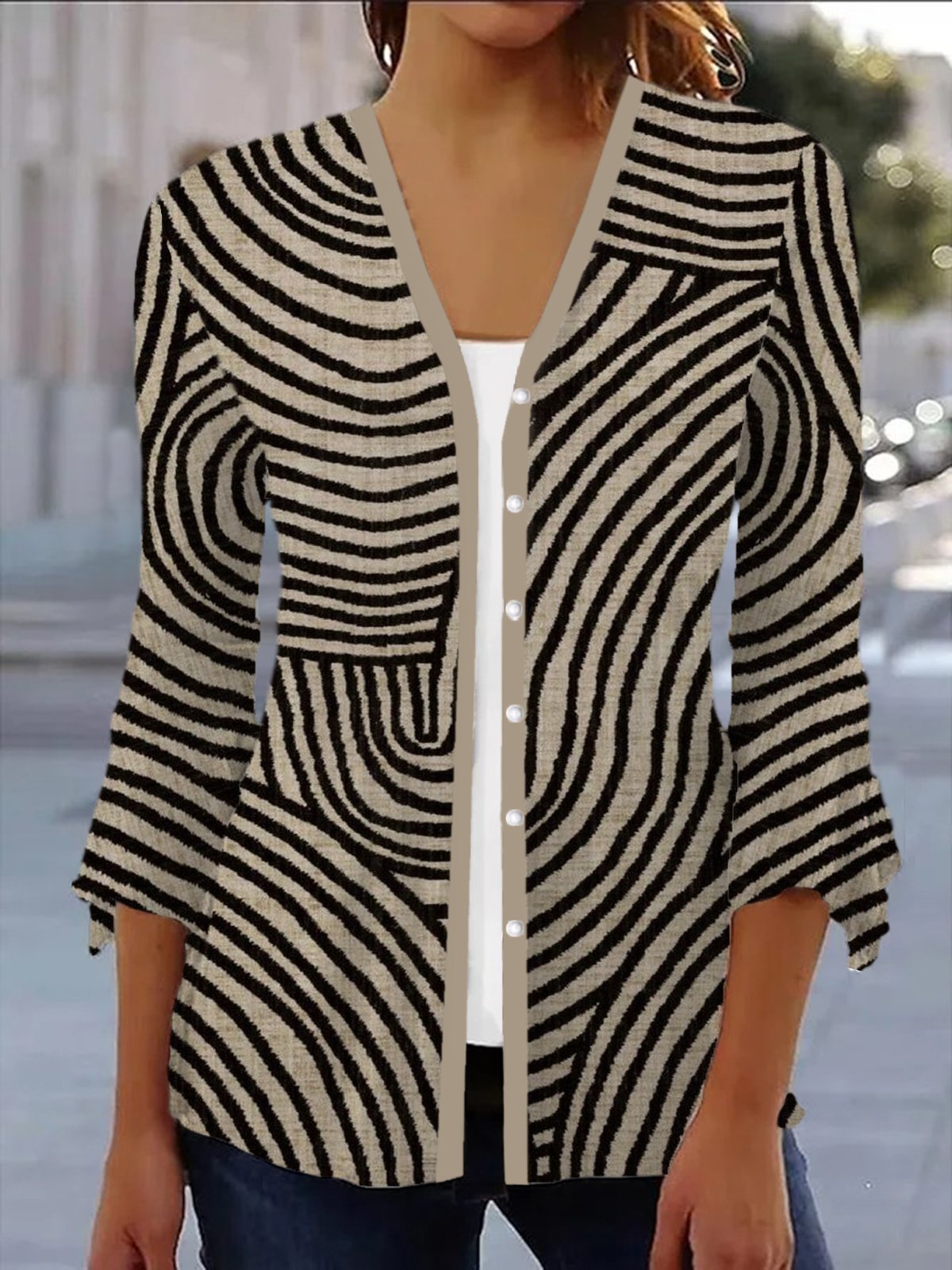 Geometric Print Casual Long Sleeve Shawl Jacket