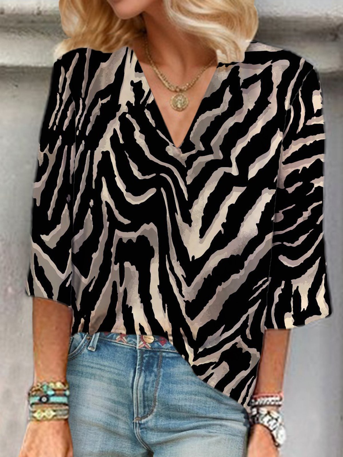 Zebra Print V-neck Blouse