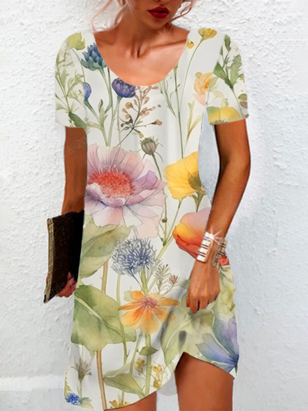 Floral Print Short Sleeve Round Neck Dress