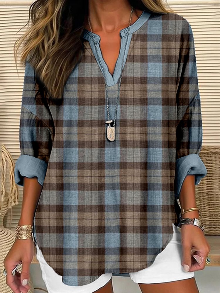 Retro plaid small V-neck casual long sleeved shirt