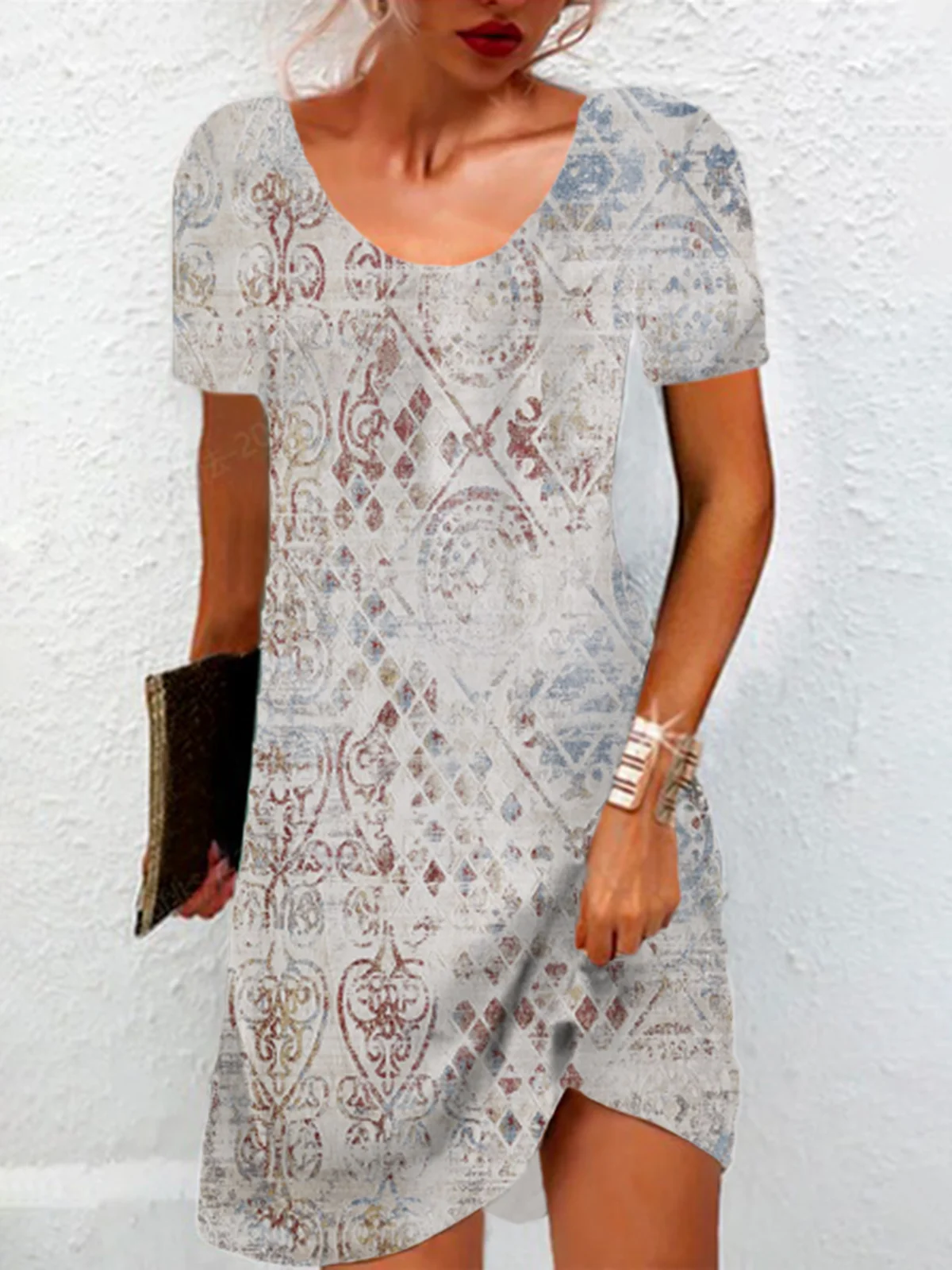 Ethnic Print Short Sleeve Round Neck Dress