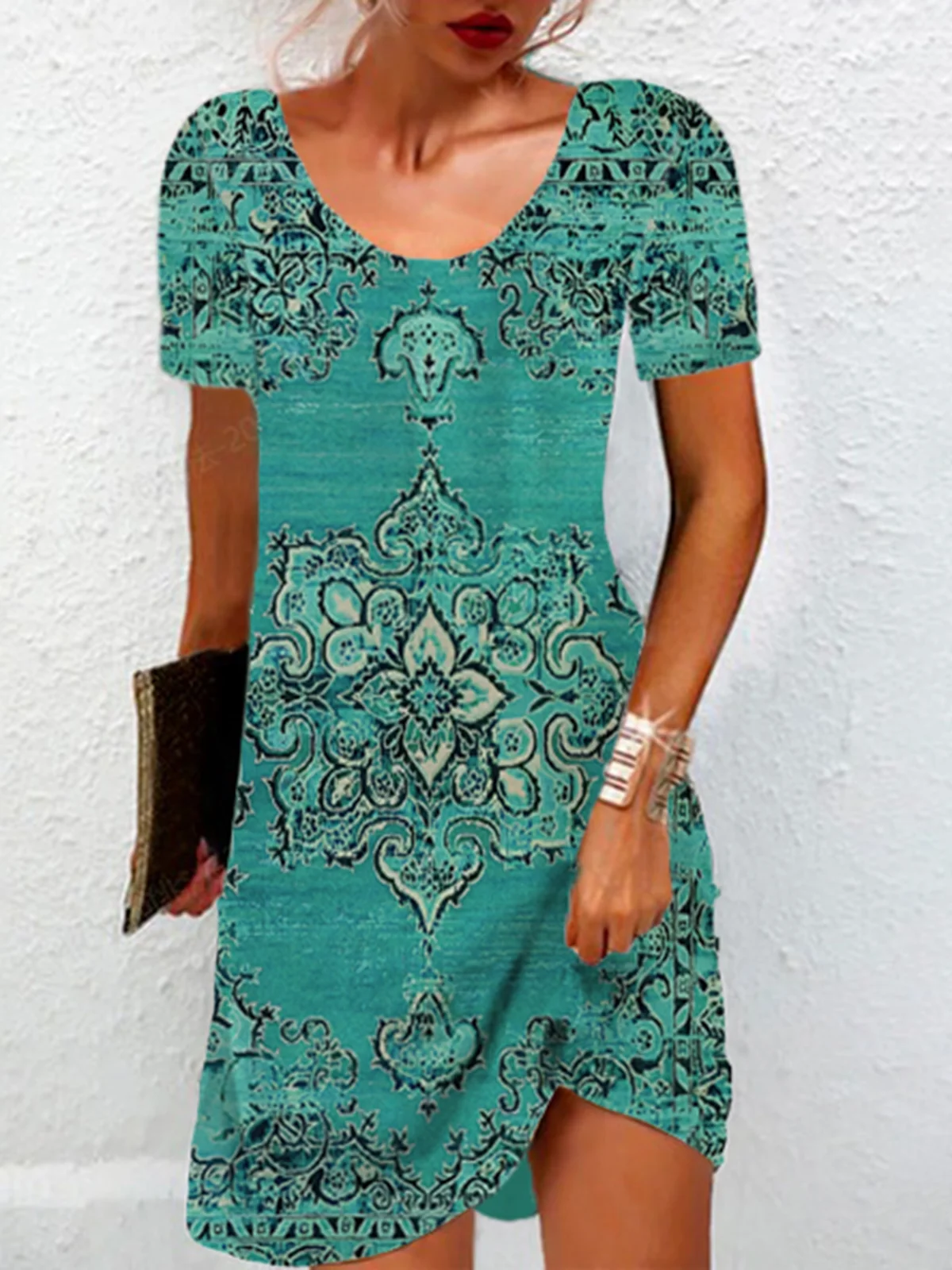 Ethnic Print Short Sleeve Round Neck Dress