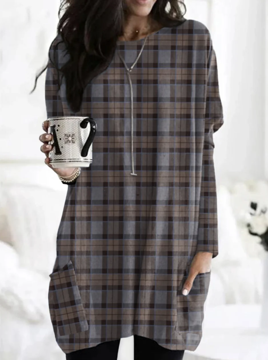 Retro checkered pattern casual long T-shirt