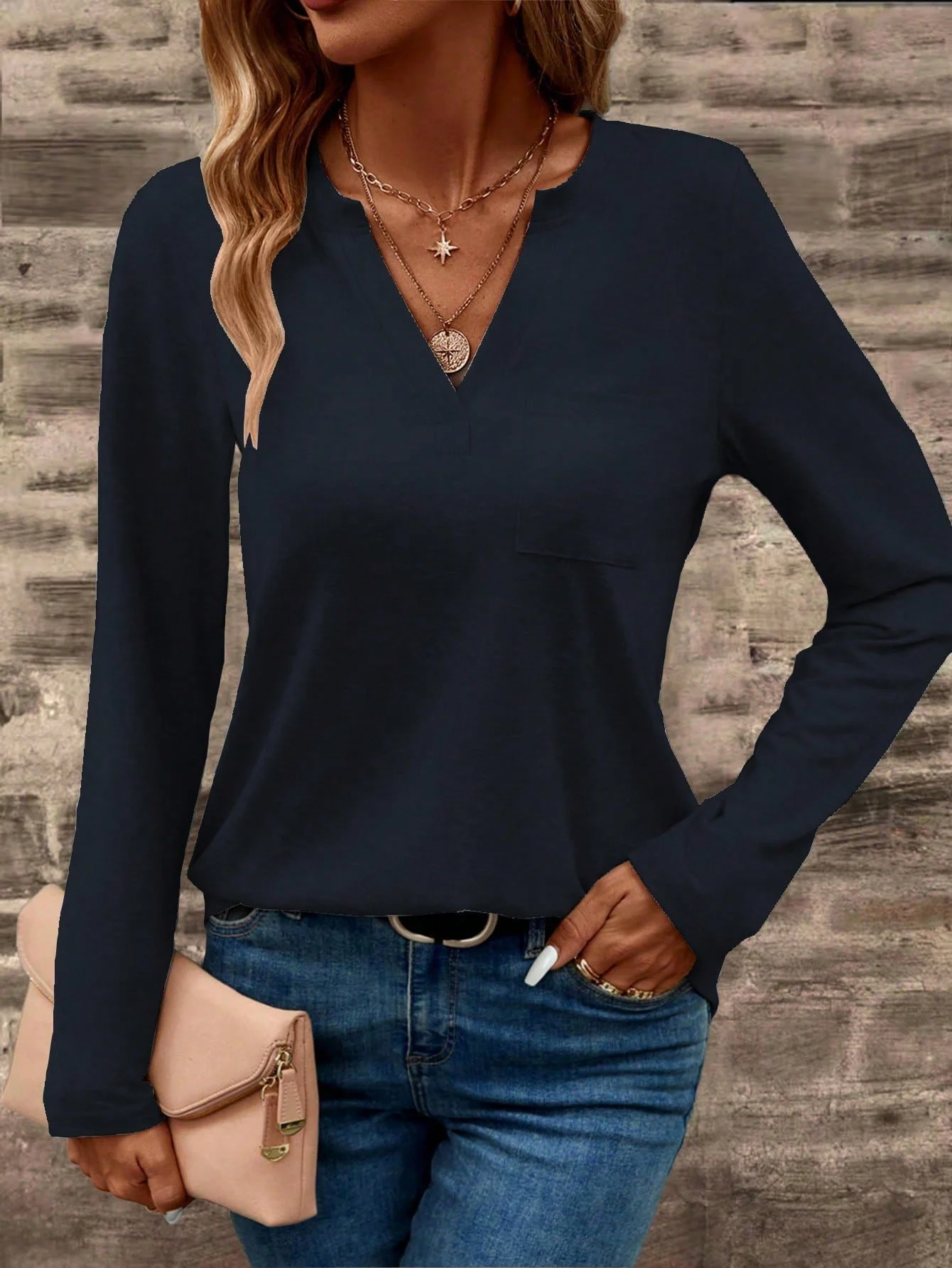 Casual V Neck Long Sleeve T-Shirt