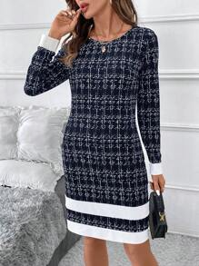 Women's Fashion Elegant Color Splicing Long Sleeve Slim Dress