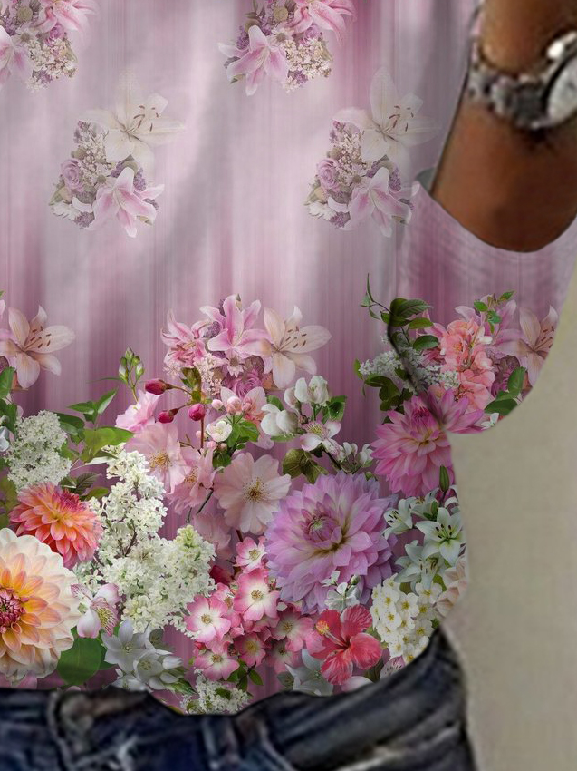 Floral Print Long Sleeve V-Neck T-shirt