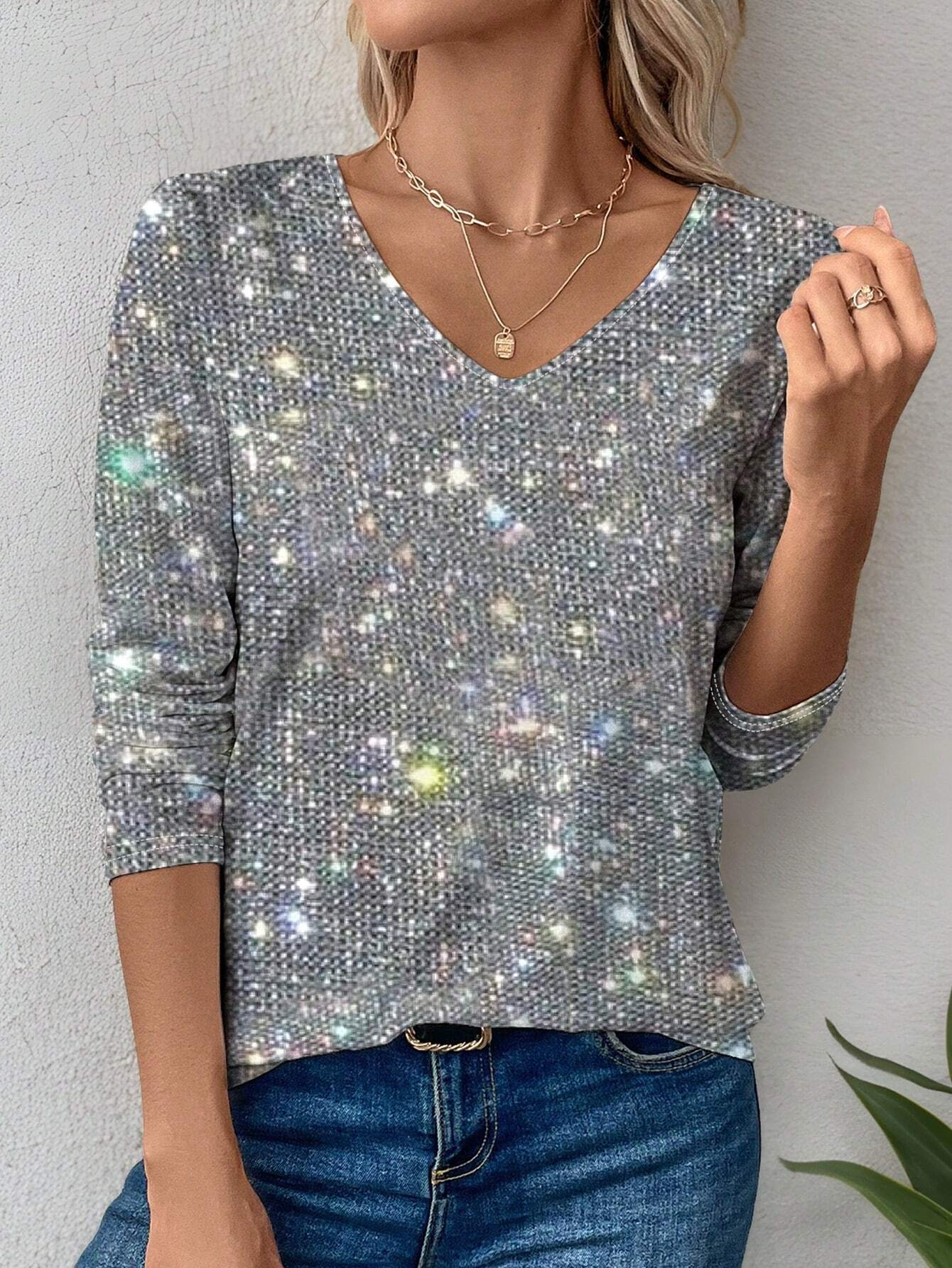 Print Casual V Neck Long Sleeve T-Shirt