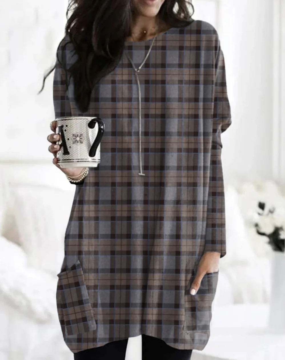 Retro checkered pattern casual long T-shirt