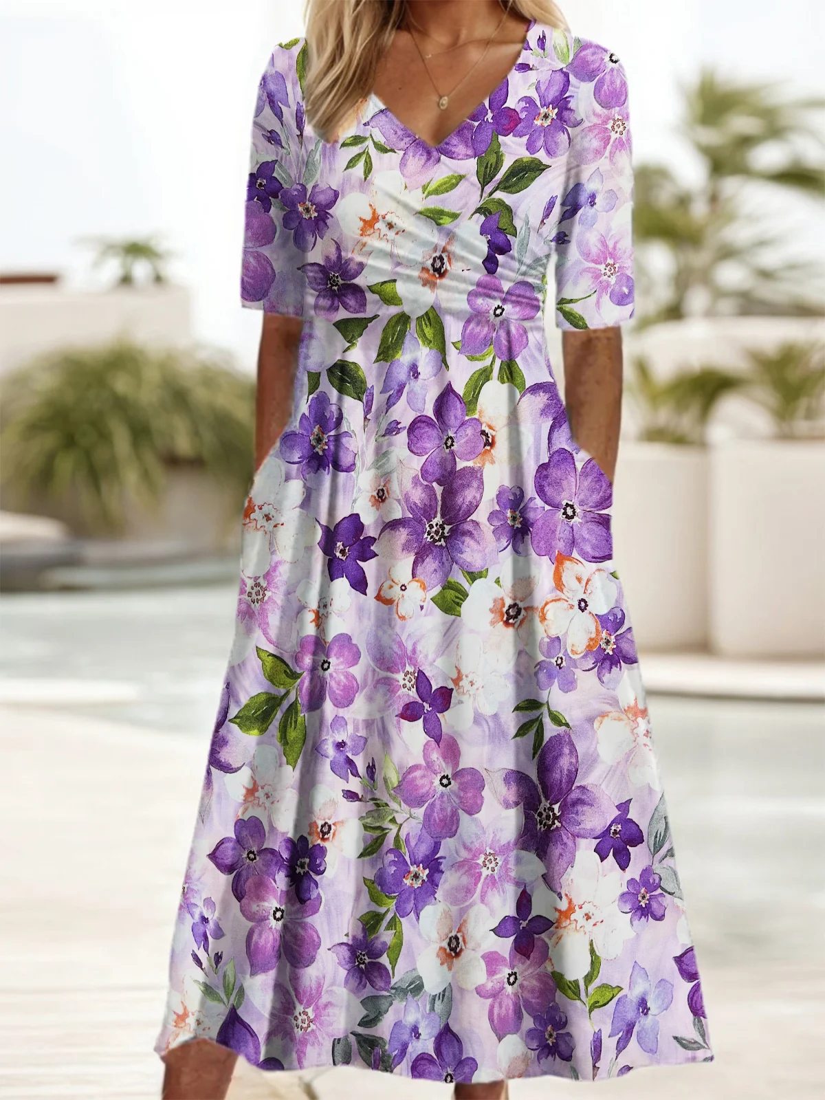 Floral Print Middle Sleeves V-Neck Dress