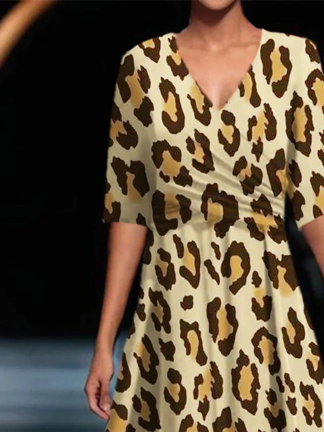 Leopard Print Middle Sleeves V-Neck Dress