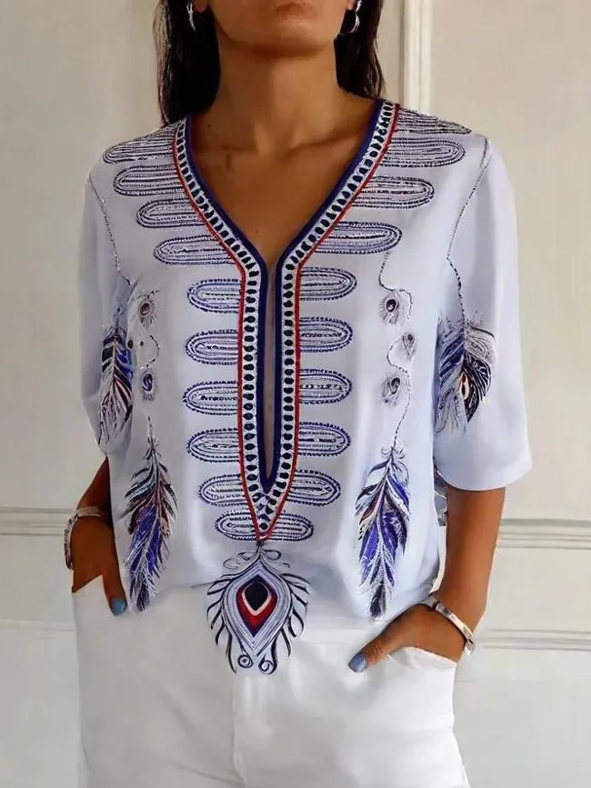 Women's Retro Elegant Ethnic Print Mid-Length Sleeve T-Shirt