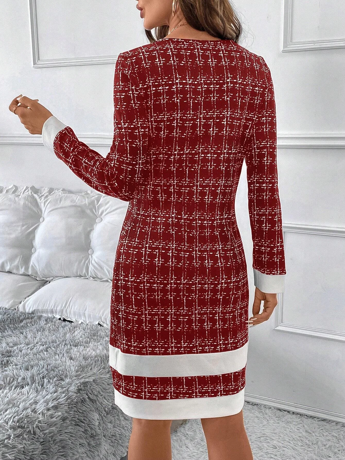 Women's Fashion Elegant Color Splicing Long Sleeve Slim Dress