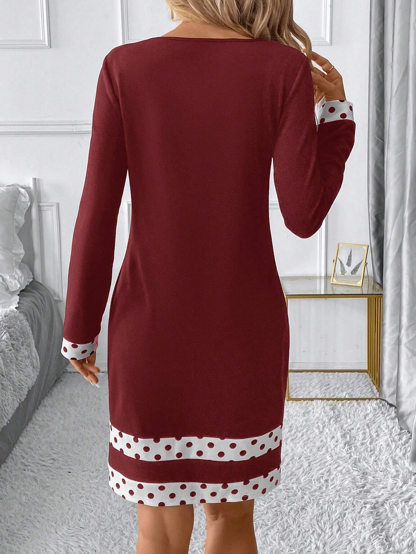 Women's Fashion Elegant Color Splicing Long Sleeve Slim Dress