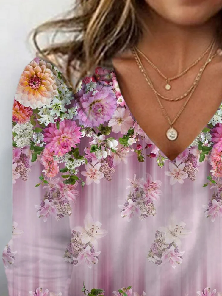 Floral Print Long Sleeve V-Neck T-shirt