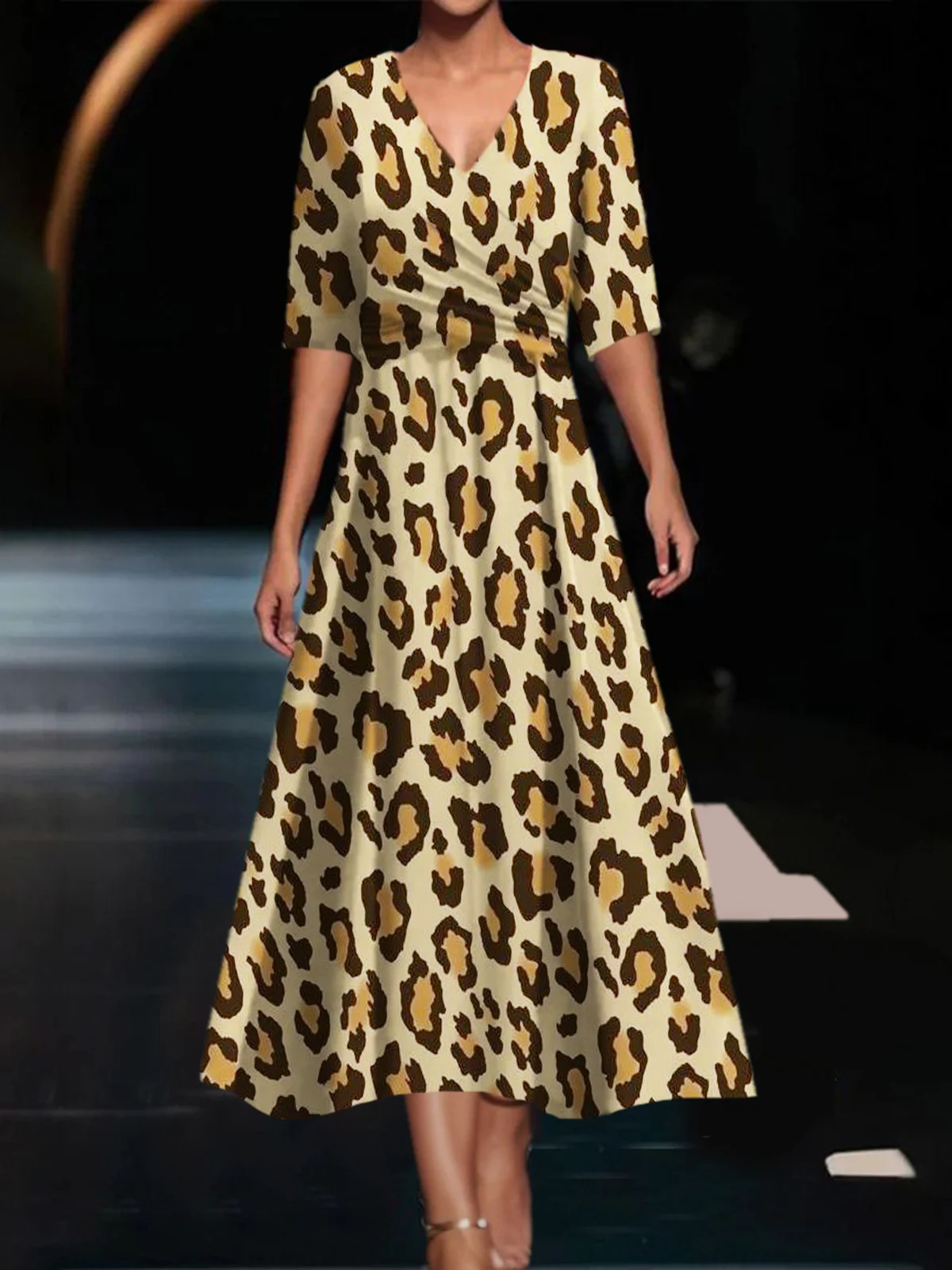 Leopard Print Middle Sleeves V-Neck Dress