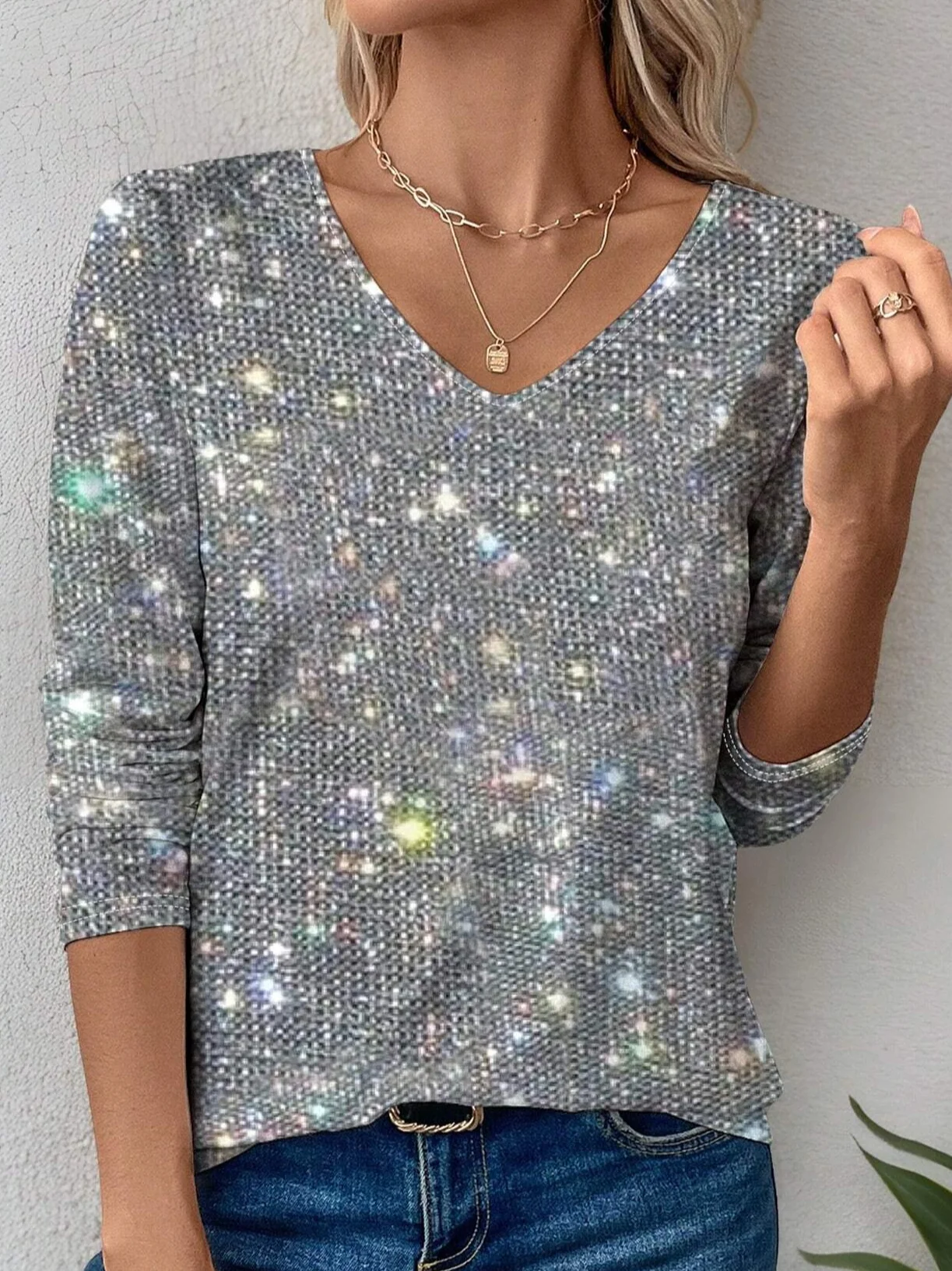 Print Casual V Neck Long Sleeve T-Shirt