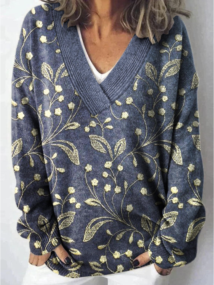 Plant and Flower V-neck Casual Loose Sweater