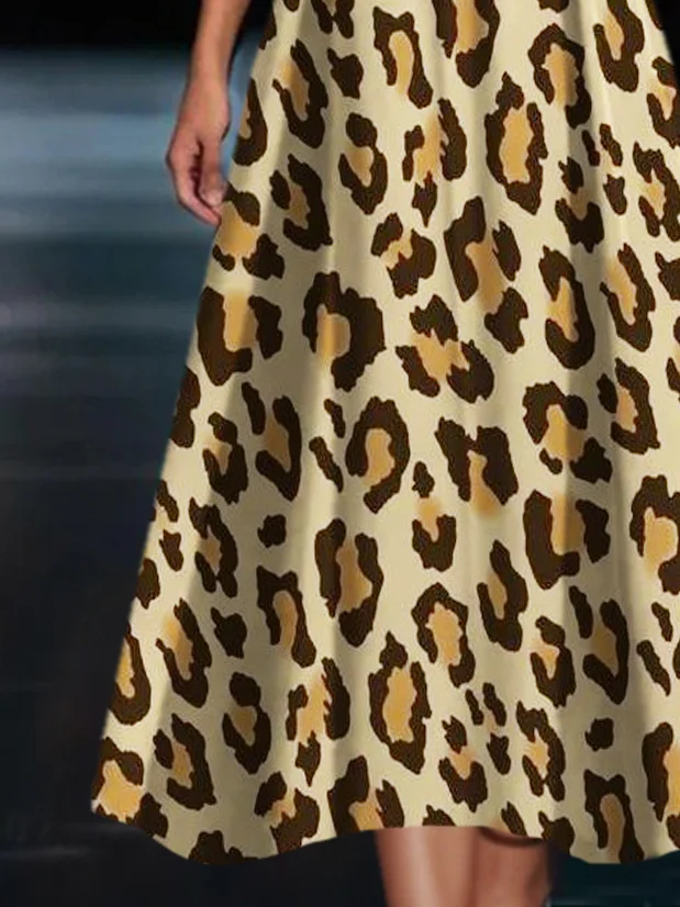 Leopard Print Middle Sleeves V-Neck Dress