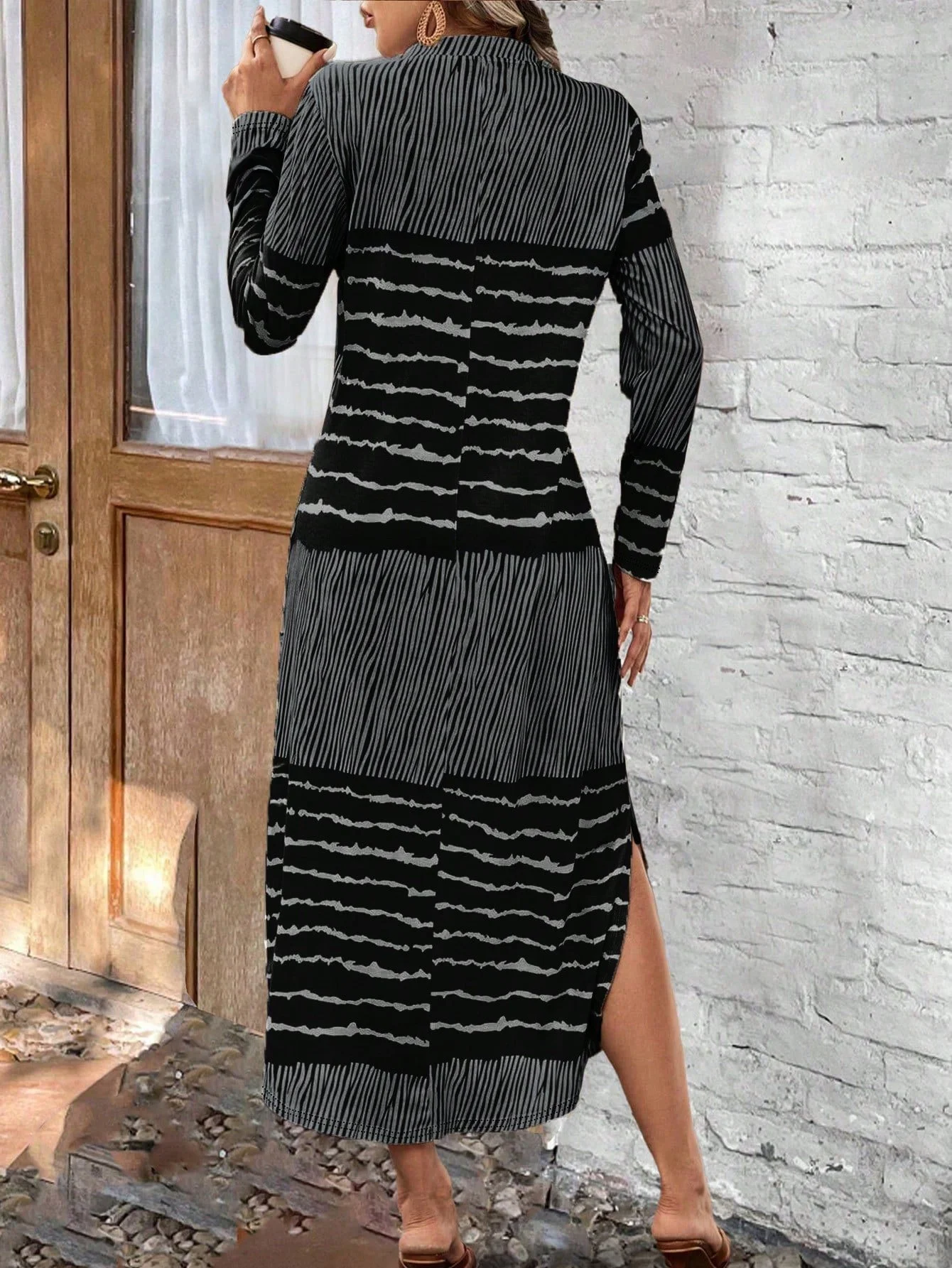 Women's Retro Elegant Striped Splicing Long Sleeve Slit Dress