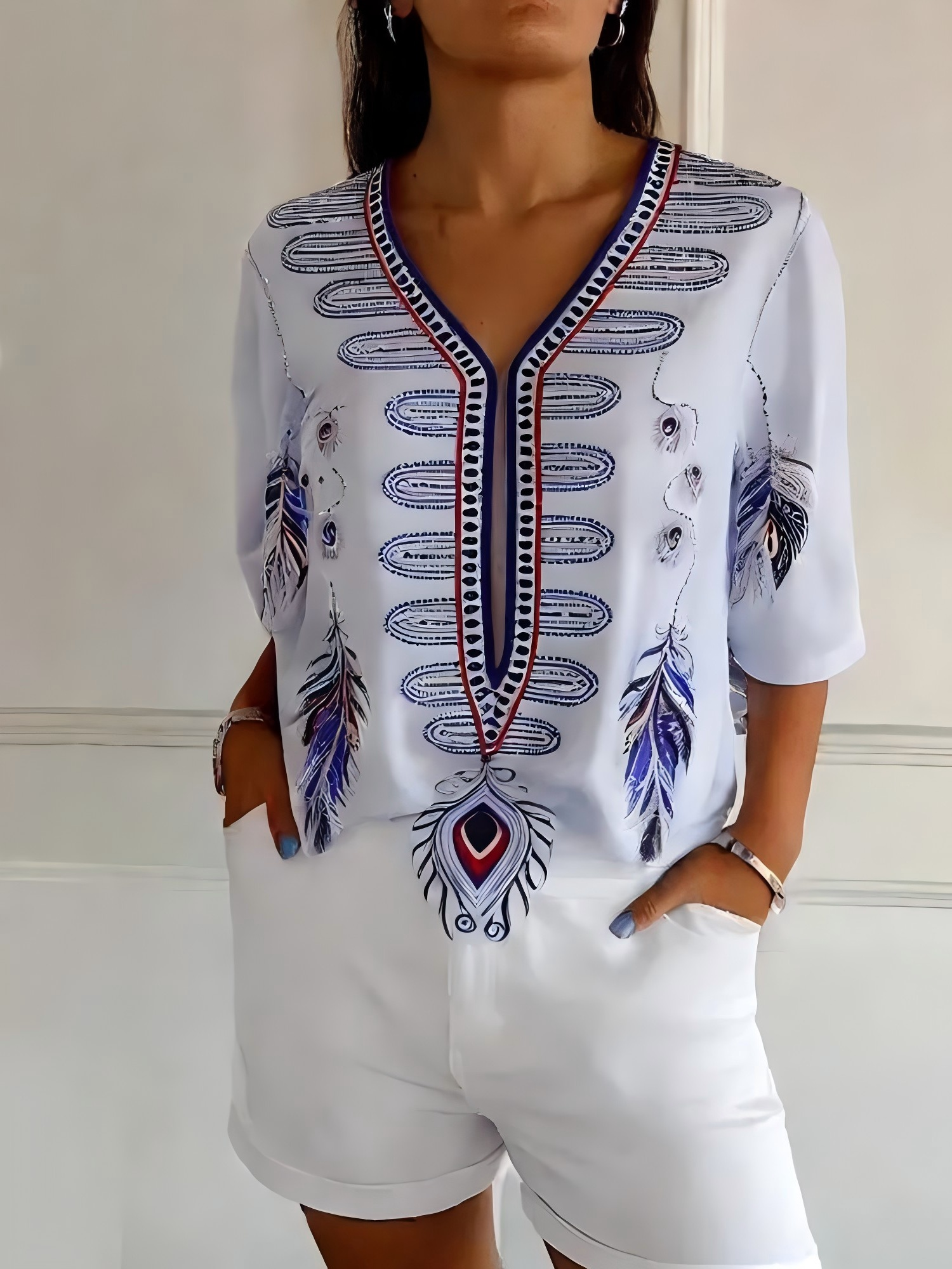 Women's Retro Elegant Ethnic Print Mid-Length Sleeve T-Shirt