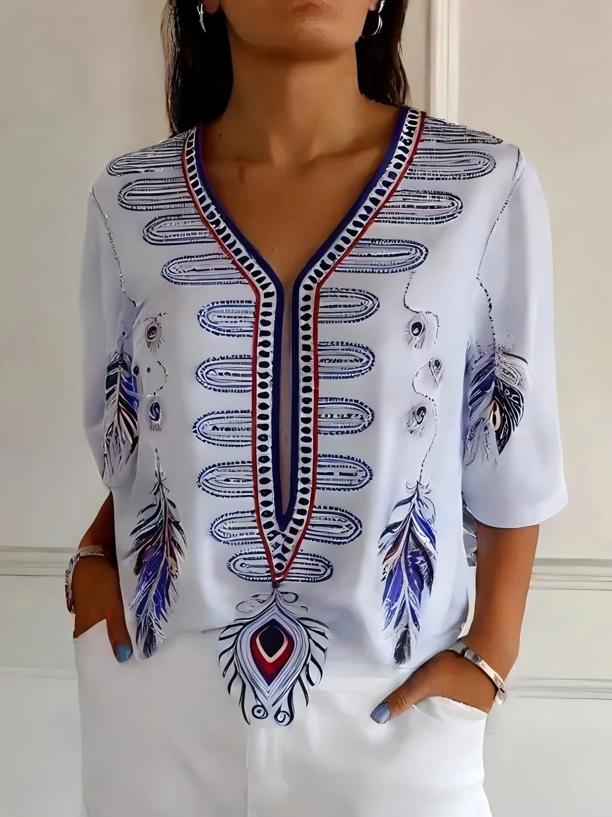 Women's Retro Elegant Ethnic Print Mid-Length Sleeve T-Shirt