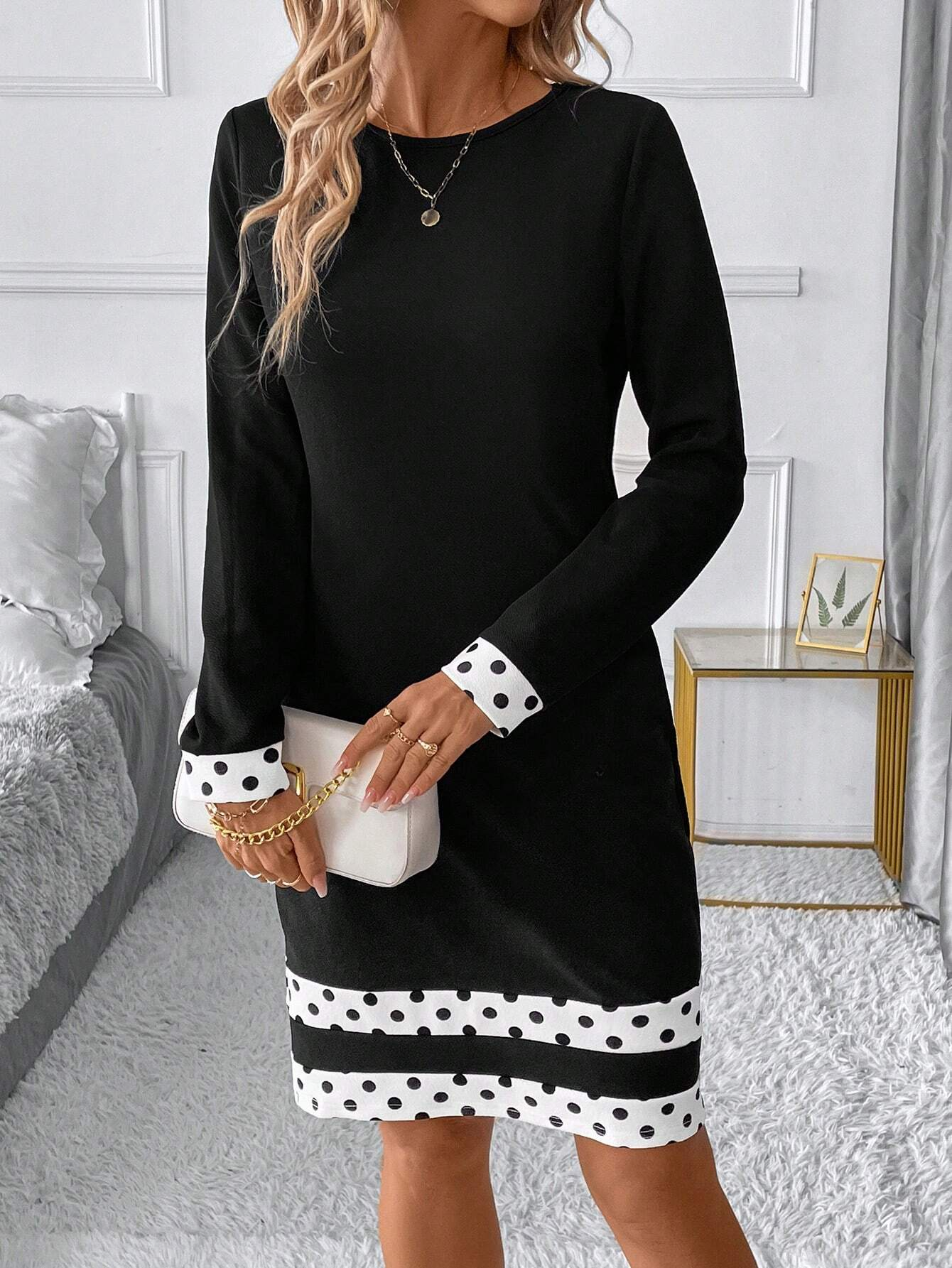 Women's Fashion Elegant Color Splicing Long Sleeve Slim Dress