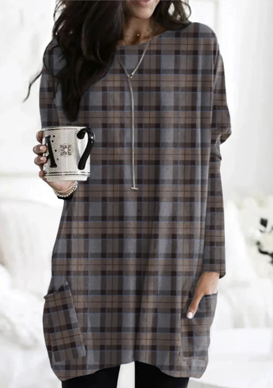 Retro checkered pattern casual long T-shirt