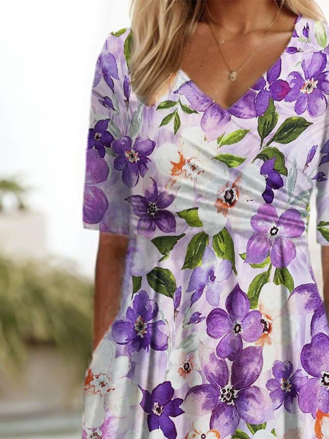 Floral Print Middle Sleeves V-Neck Dress