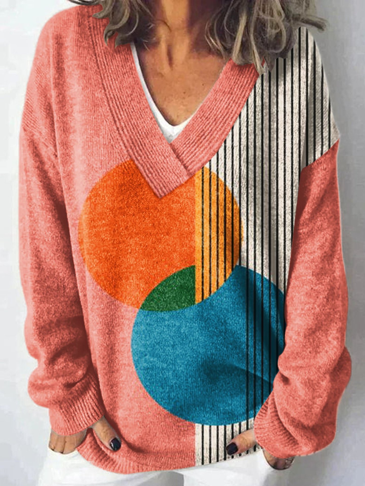 Retro geometric line V-neck casual pullover sweater