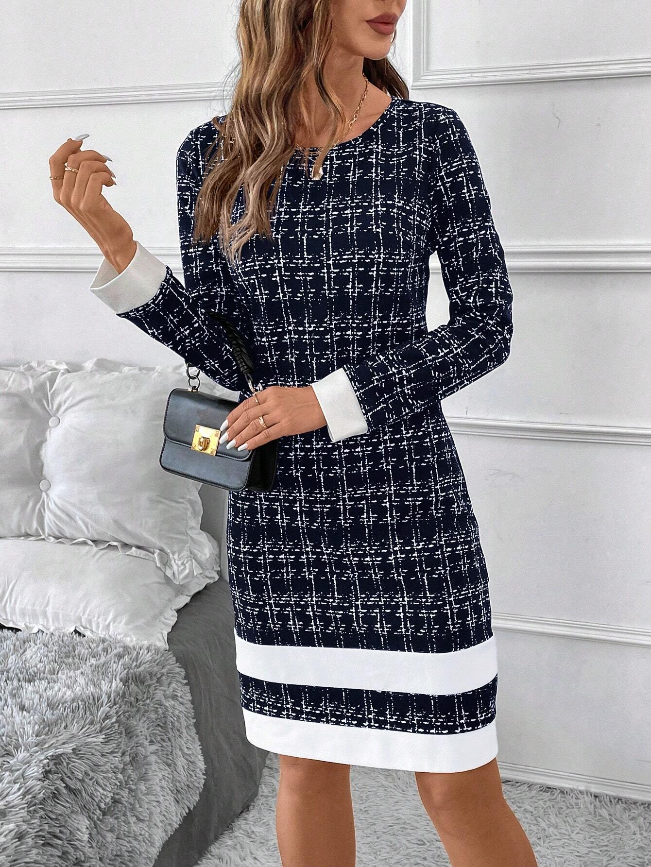 Women's Fashion Elegant Color Splicing Long Sleeve Slim Dress