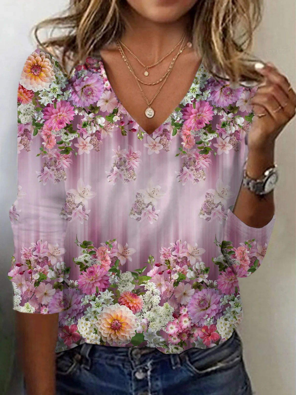 Floral Print Long Sleeve V-Neck T-shirt