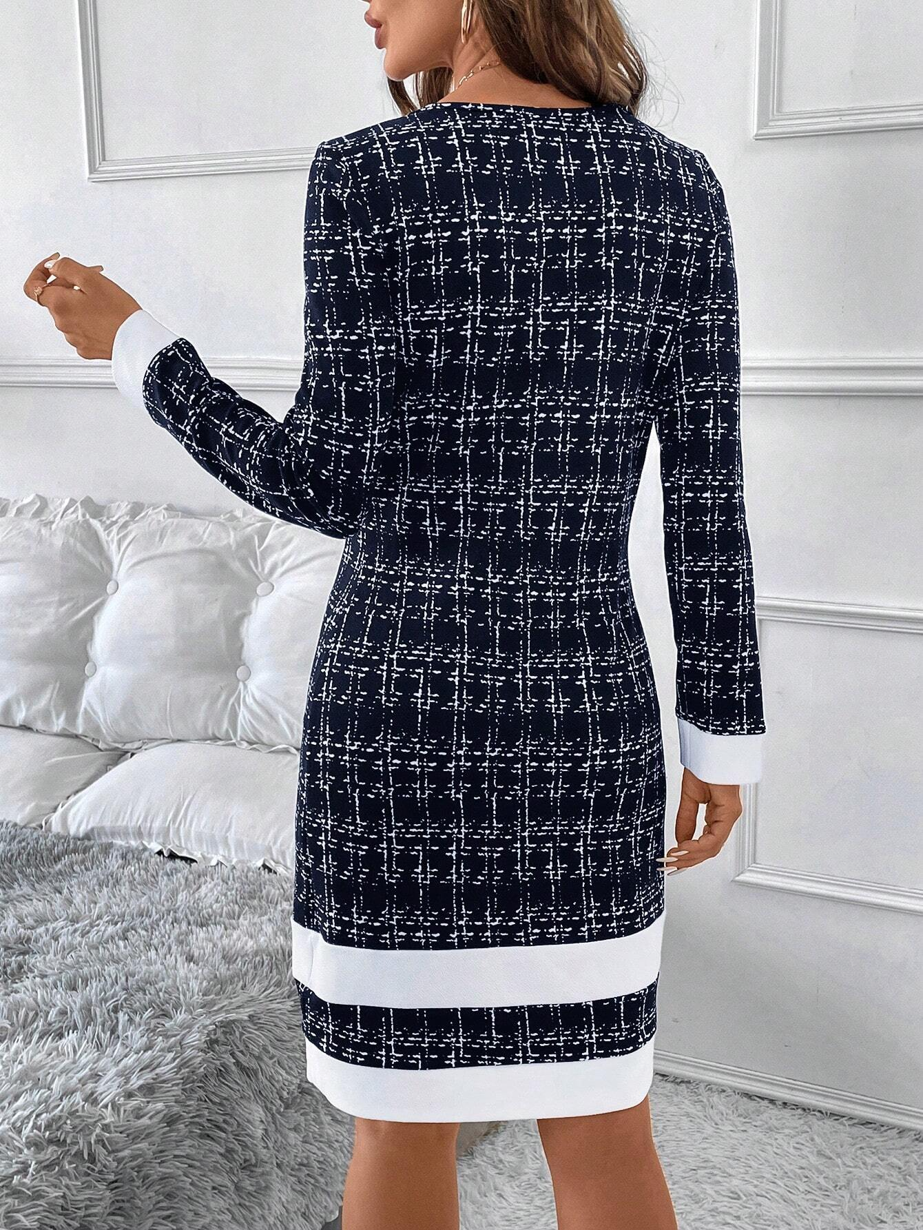 Women's Fashion Elegant Color Splicing Long Sleeve Slim Dress