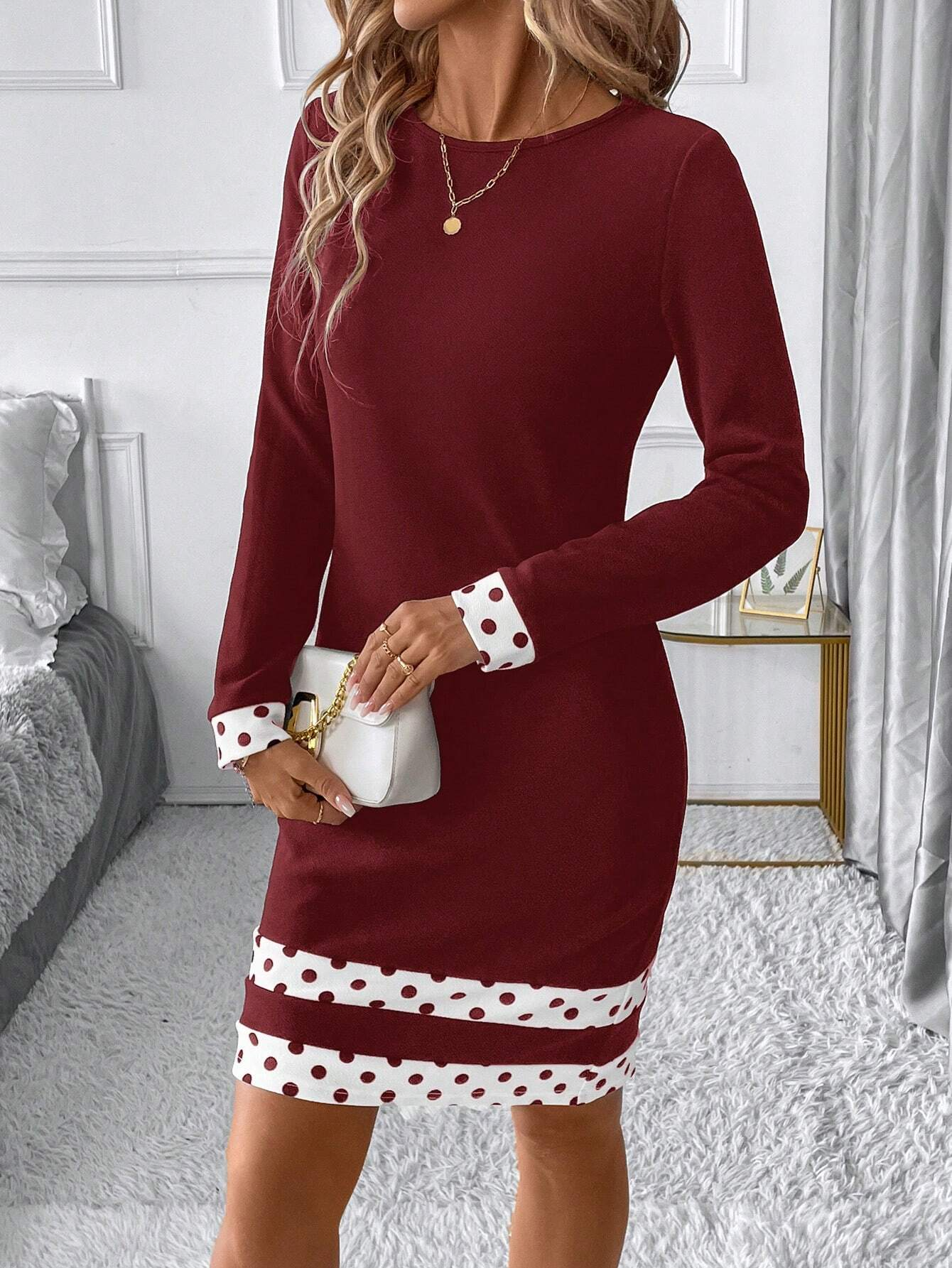 Women's Fashion Elegant Color Splicing Long Sleeve Slim Dress