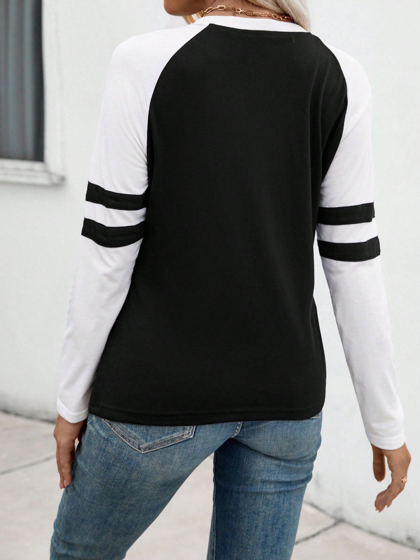 Women's V-neck Casual Colorblock Long Sleeve T-shirt