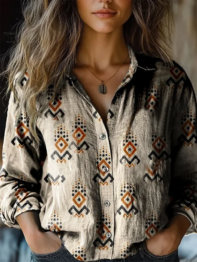 Women's Vintage Aztec Art Print Casual Long Sleeve Comfortable Cotton Shirt