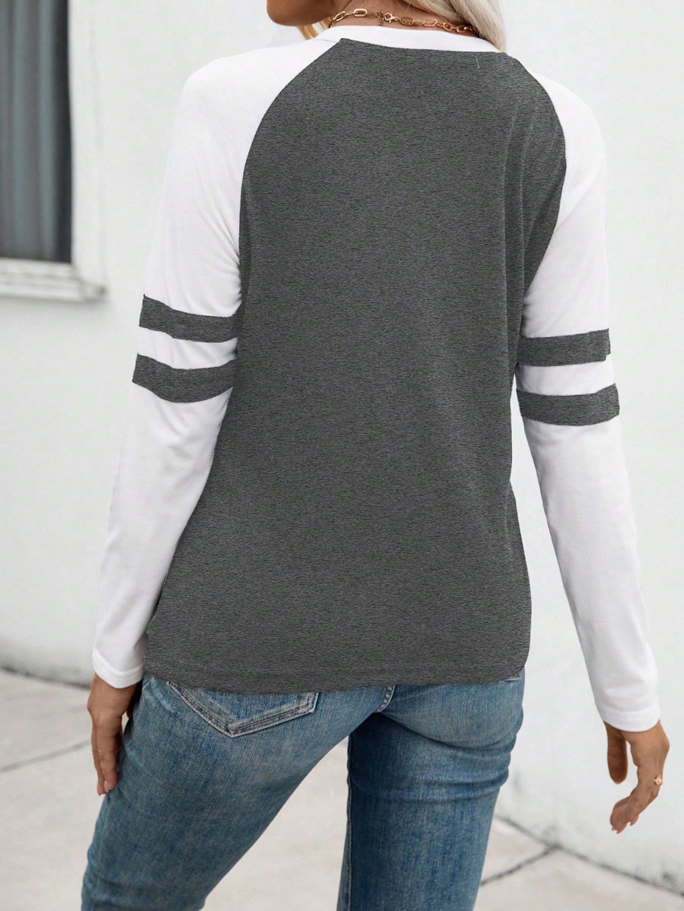 Women's V-neck Casual Colorblock Long Sleeve T-shirt