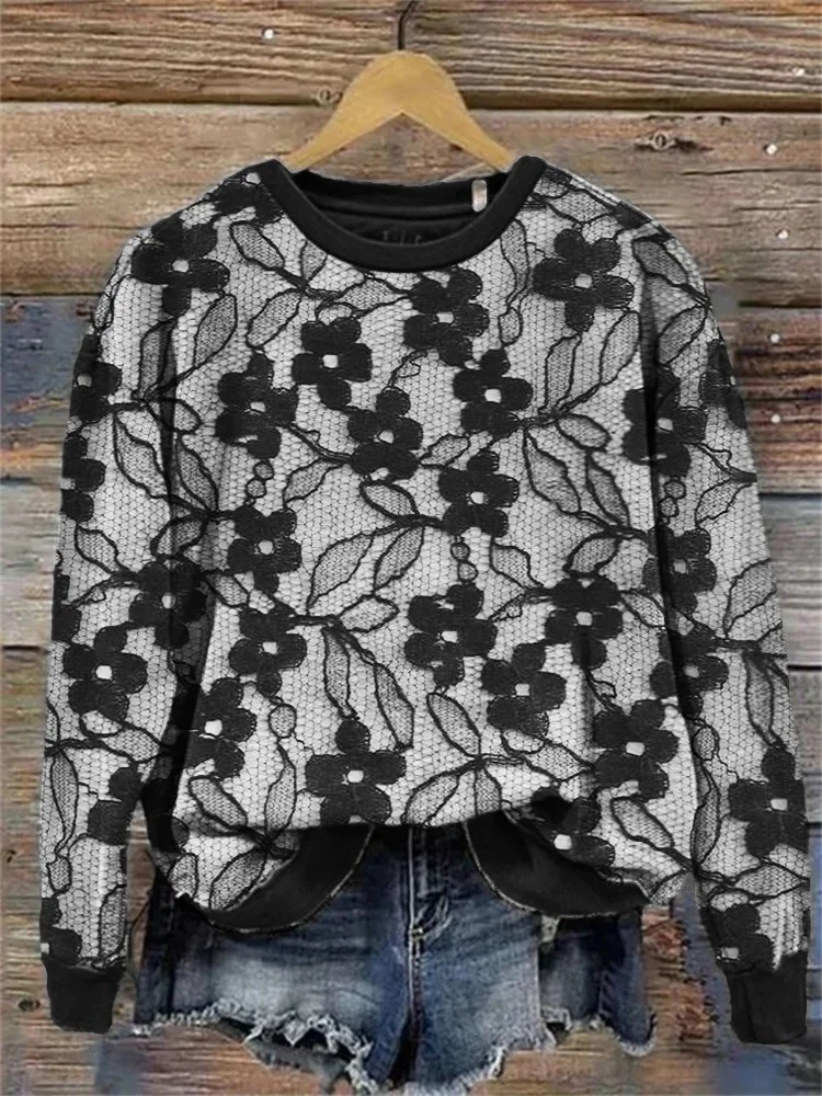 Classy Floral Black Lace Comfy Sweatshirt