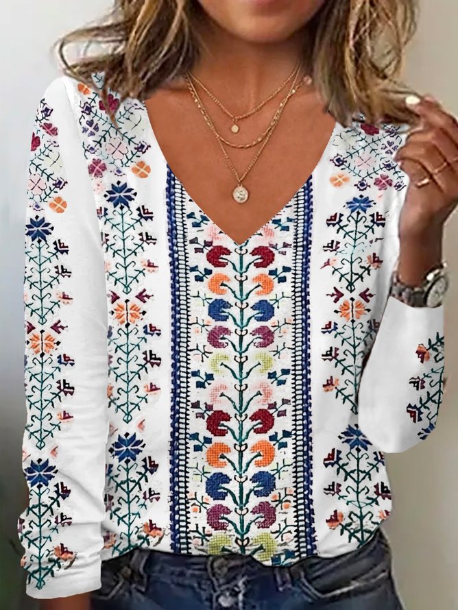 Casual Loose Floral V Neck T-Shirt