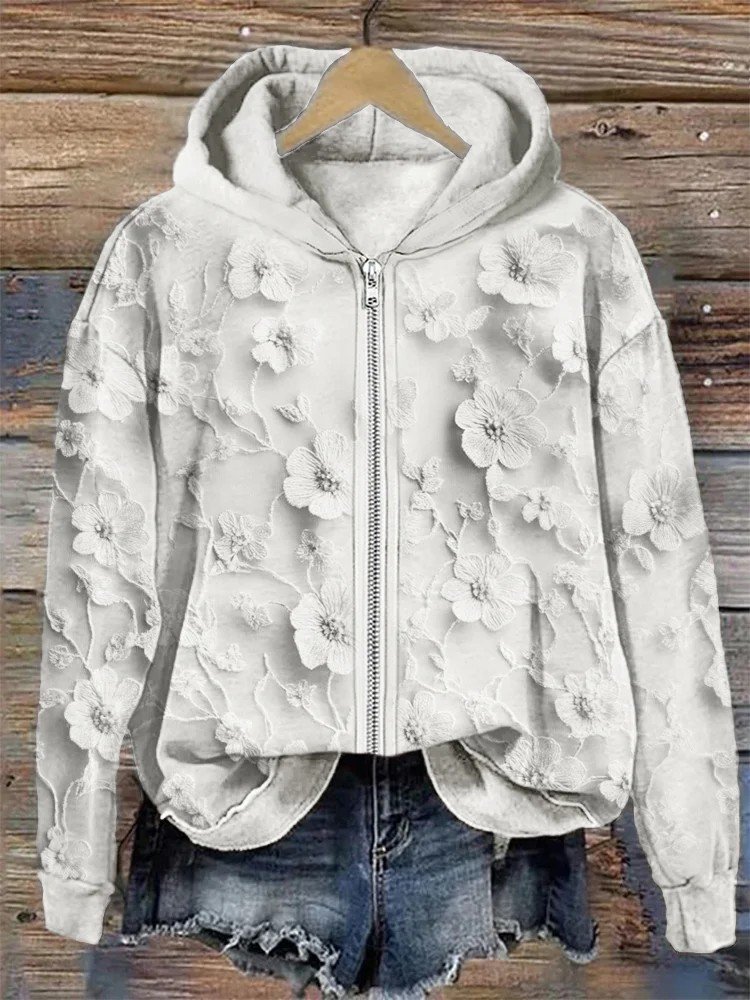 3D Printing Floral Embroidered Lace Cozy Full Zip Hoodie