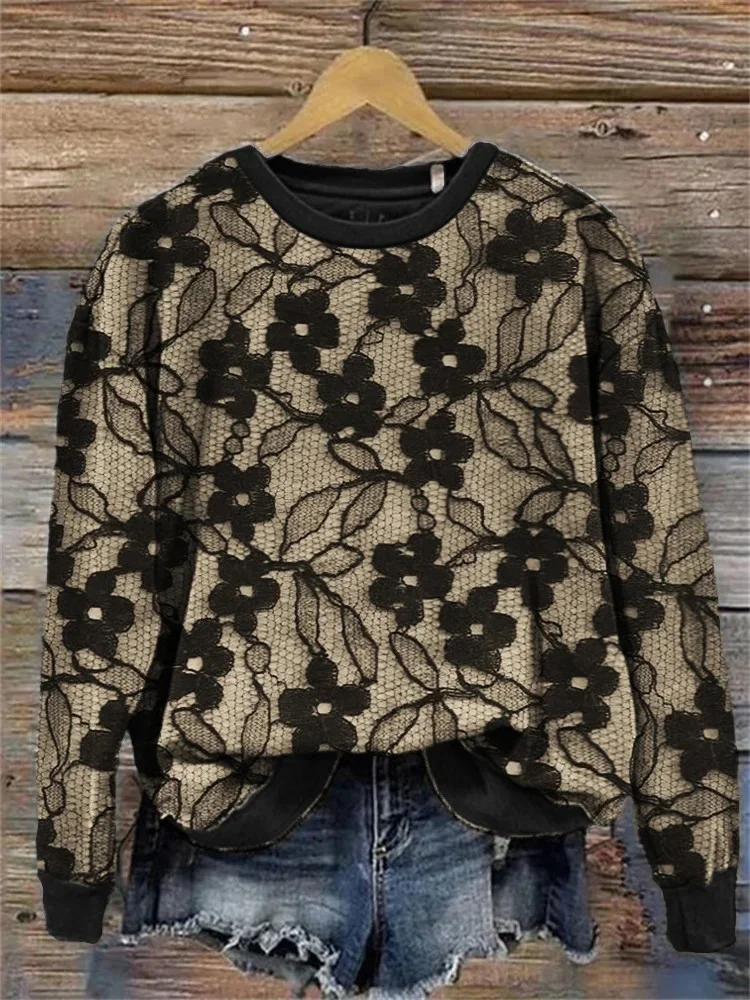 Classy Floral Black Lace Comfy Sweatshirt