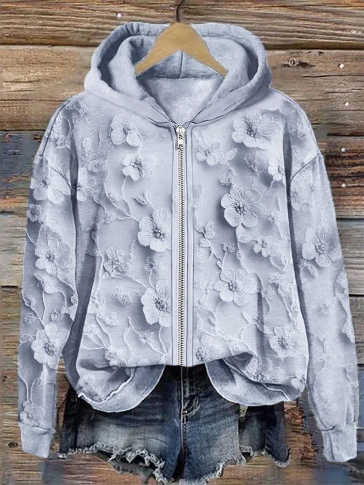 3D Printing Floral Embroidered Lace Cozy Full Zip Hoodie